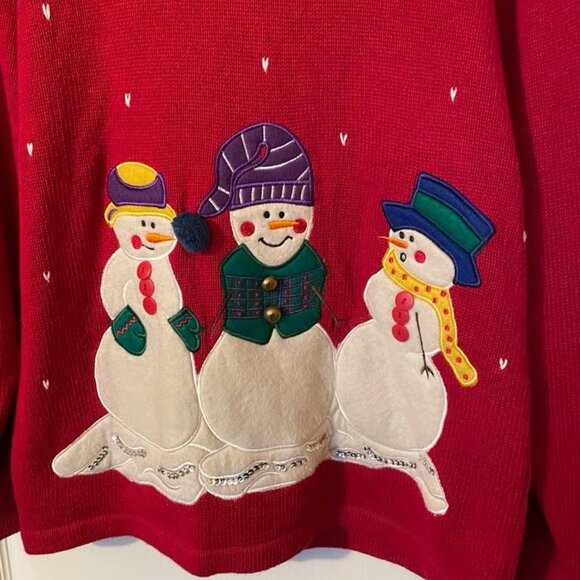 In Resource Snowman Christmas Pullover Sweater Red Applique Size M Holiday 90s - Picture 2 of 5